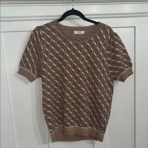 Brown Patterned Short Sleeve Sweater